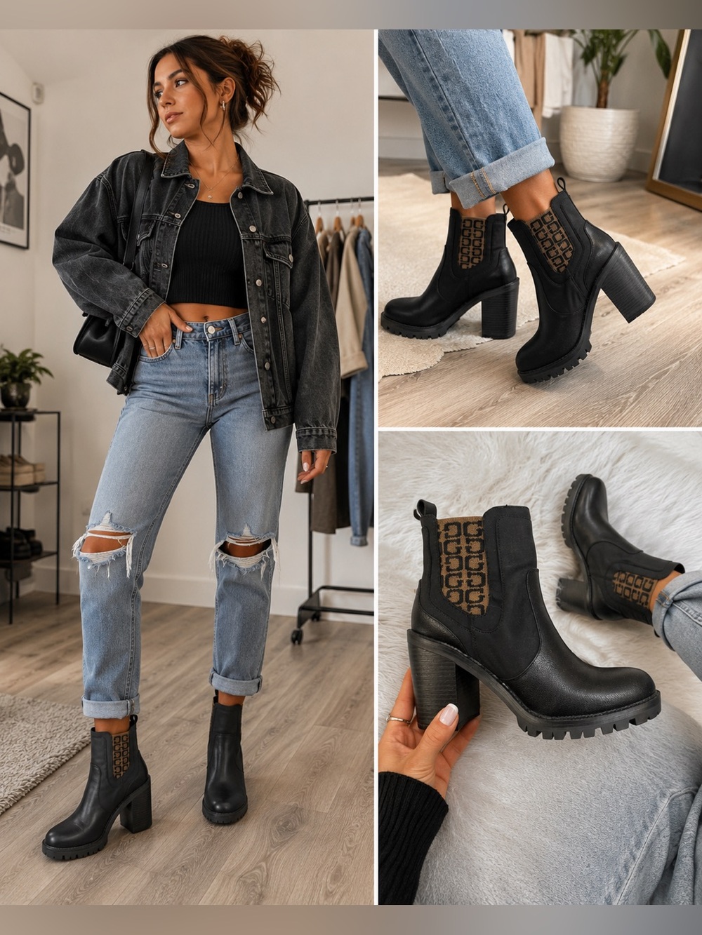Guess Black Heeled Chelsea Boots with Brown Logo Elastic Size 7.5